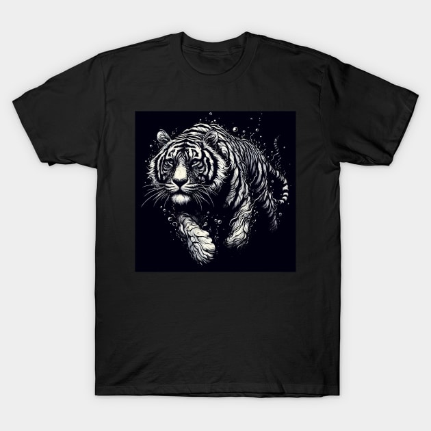 Monochromatic Outline Tiger Swimming in Water T-Shirt by TomFrontierArt